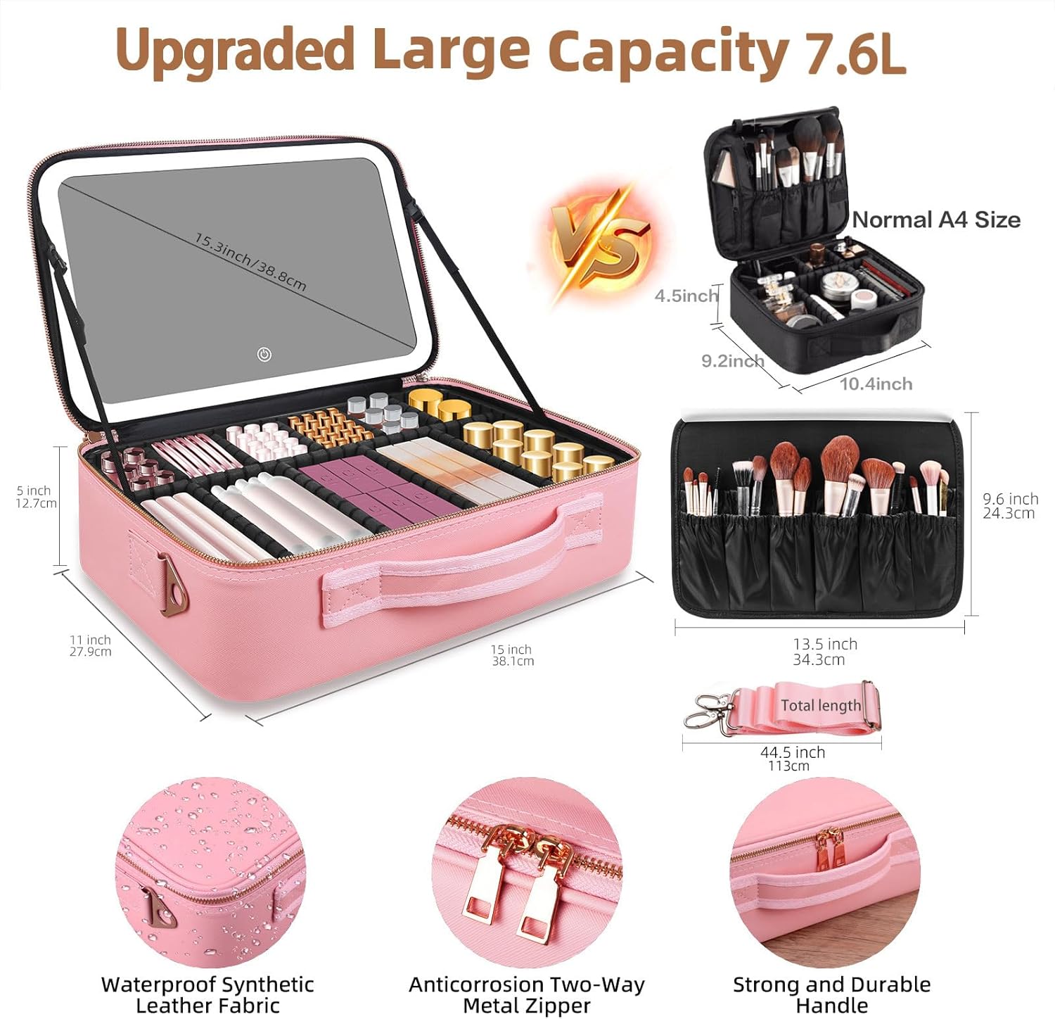 大容量メイクアップバッグ 15インチ×11インチ LEDミラ - Beauty Makeup Bag のレビューと価格